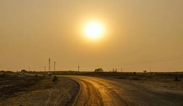 Lange Weg Thar Woestijn Bij Zonsondergang Jaisalmer India — Stockfoto
