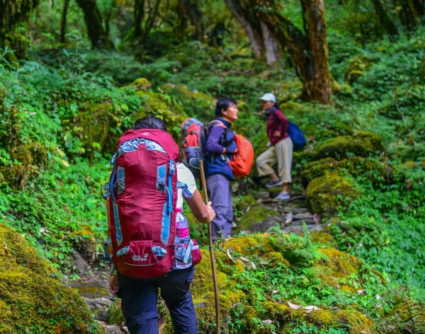 Khopra Nepál Október 2017 Túrázók Hátizsák Gyalogos Nyomvonalat Annapurna Circuit — Stock Fotó