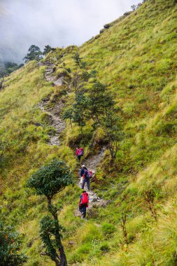 Khopra, Nepal - 22 Ekim 2017. Genç gezginler ile üzerinde iz, Annapurna devre Trekking Khopra, Nepal yürüyüş sırt çantası.