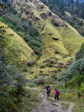 Sonbahar Khopra, Nepal iz, Annapurna devre Trekking üzerinde yürüyen sırt çantası ile genç gezginler.