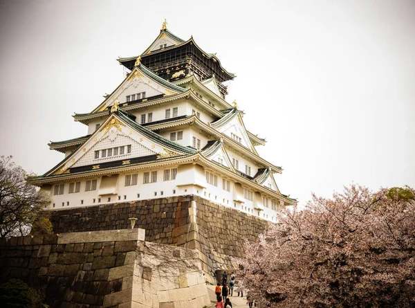 日本大阪 2014年4月7日 在春天的时候 可以看到大阪城 大阪町 的樱花 这座城堡是日本最著名的地标之一 — 图库照片