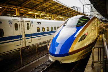 Osaka, Japonya - 14 Ağustos 2014. Japonya'nın Osaka tren istasyonunda durdurma Shinkansen tren. Shinkansen yüksek hızlı demiryolu hatları Japonya'da bir ağdır.