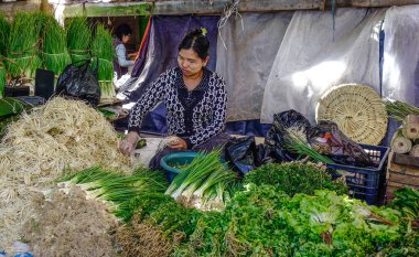 Taunggyi, Myanmar - 8 Şubat 2018. Taunggyi, Myanmar kırsal pazarında sebze satan satıcı. Taunggyi Doğu Myanmar büyük şehridir.