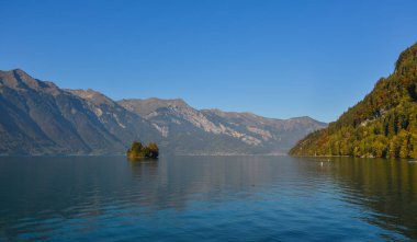 Göl Brienz, İsviçre'nin güzel sahne. Turkuaz Gölü Brienz muhteşem dağ manzarası arasında ayarlanır.
