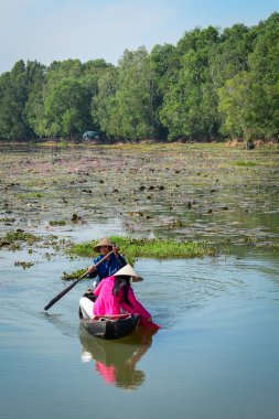 Binh Duong, Vietnam - 4 Şubat 2016. Asyalı kadın geleneksel elbise (Ao Dai) Nilüfer gölet ahşap teknede oturuyor.