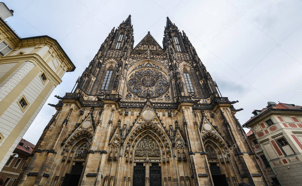  St. Vitus Cathedral in Prague Castle complex in Czech Republic. The church is one of the most richly endowed cathedrals in Europe.