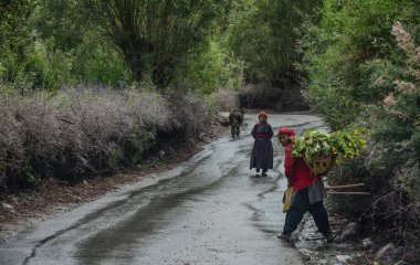 Tibet halkının kırsal yolda yürürken