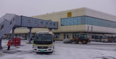 Bir kar fırtınası havaalanında Harbin 