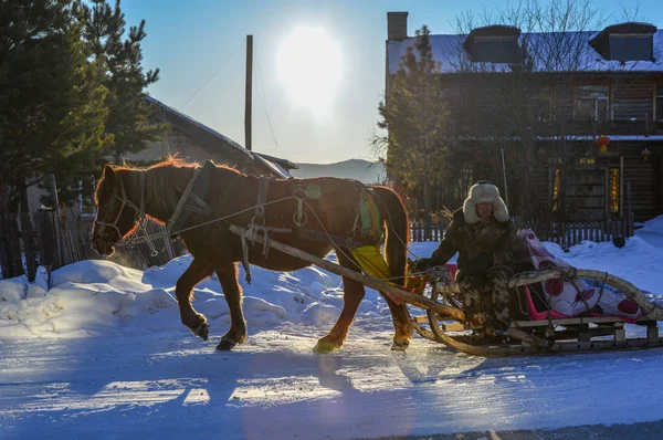 Carro de caballos corriendo por el camino de nieve — Foto de Stock