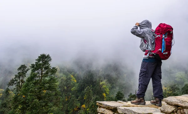 Een reiziger genietend van uitzicht op de bergen — Stockfoto