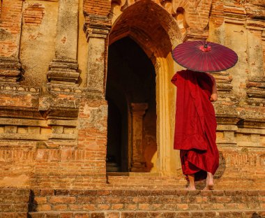 Bagan, Myanmar antik tapınakta bir keşiş 