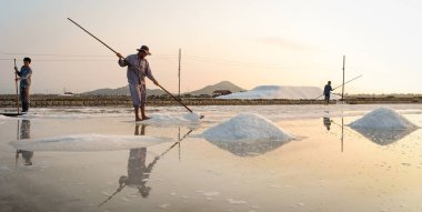 Nha Trang, Vietnam - 21. Nha Trang, Vietnam güneşli bir günde tuz alanında çalışan insanlar. Tuz alanları Nha Trang en eşsiz yerlerinden biridir.