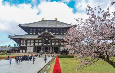 Nara, Japonya - Nis 10, 2019. Nara, Japonya'da kiraz çiçeği ile Antik Budist tapınağı Todai-ji.