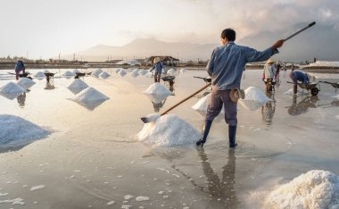 Nha Trang, Vietnam - 21. Nha Trang, Vietnam'da tarlada tuz toplayan insanlar. Tuz alanları Nha Trang en eşsiz yerlerinden biridir.