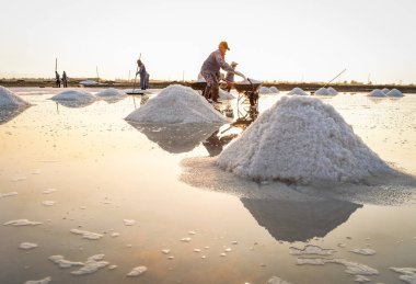 Nha Trang, Vietnam - 21. Nha Trang, Vietnam güneşli bir günde tuz alanında çalışan insanlar. Tuz alanları Nha Trang en eşsiz yerlerinden biridir.
