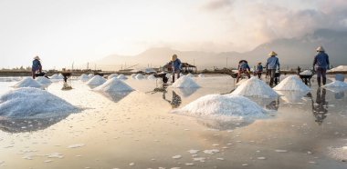 Nha Trang, Vietnam'da tuz sahasında çalışan insanlar.