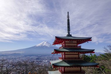 Sonbaharda güneşli bir günde Fuji Dağı ve Chureito Pagoda.