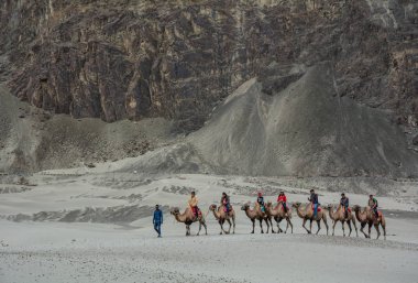 Ladakh, Hindistan - 18 Temmuz 2015. Hindistan'ın Ladakh kentinde deveye binen turistler. Ladakh, Jammu & Keşmir eyaletinin en yüksek platosudur ve büyük bir kısmı 3000 metrenin üzerindedir..