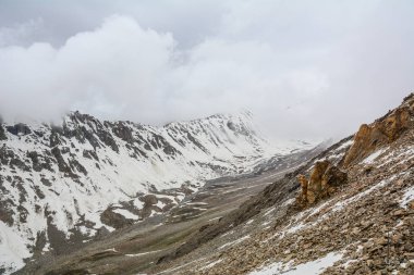 Ladakh, Hindistan'da kar dağı. Ladakh, Jammu & Keşmir eyaletinin en yüksek platosudur ve büyük bir kısmı 3000 metrenin üzerindedir..
