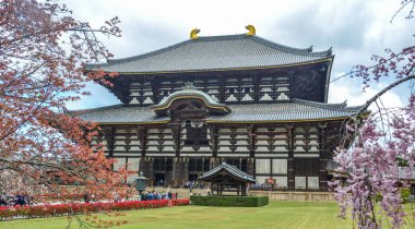 Nara, Japonya - Nis 10, 2019. Nara, Japonya'da kiraz çiçeği ile Antik Budist tapınağı Todai-ji.