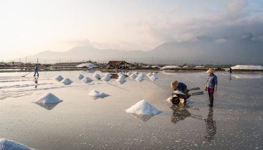 Nha Trang, Vietnam - 21. Nha Trang, Vietnam'da tuz sahasında çalışan insanlar. Tuz alanları Nha Trang en eşsiz yerlerinden biridir.