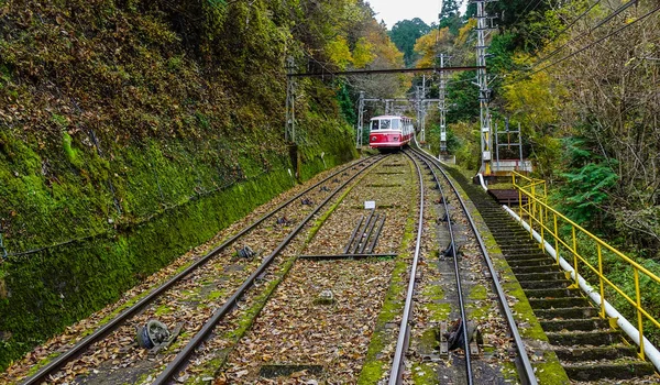 一辆缆车在铁路轨道上行驶到日本大阪的Koya山 — 图库照片