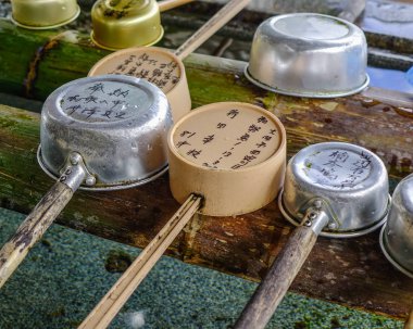 Wakayama, Japonya - 24 Kasım 2016. Budist tapınağında Tsukubai. Japonya'da, bir tsukubai ziyaretçilerin kendilerini arındırmak için kutsal yerlerin girişinde sağlanan bir lavabo.