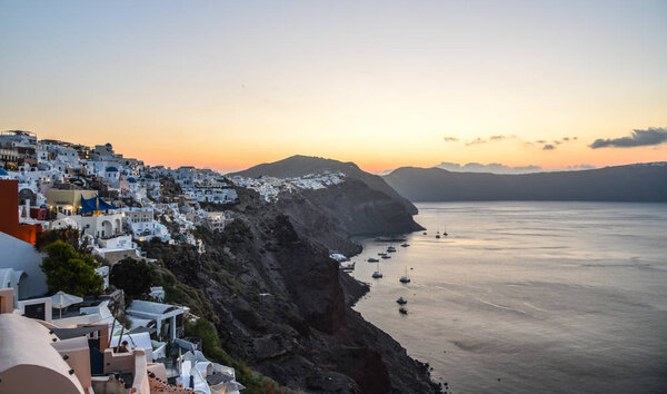 Beautiful Santorini Island at sunrise. Santorini is one of the most popular islands for destination weddings and honeymoons.