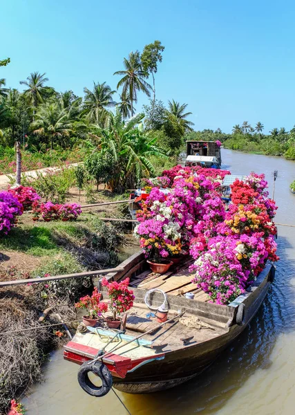 Wooden Boats Carrying Flowers Spring Time Can Tho Vietnam — 스톡 사진