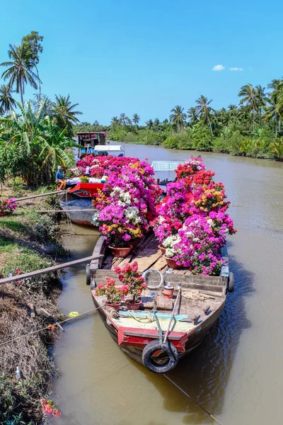 Barco Madera Con Flores Delta Del Mekong Vietnam — Foto de Stock