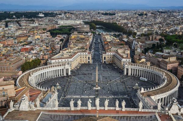 Vatican - Oct 14, 2018. Aerial view of the Saint Peter Square of Vatican City. View from top of the Saint Peter Basilica.