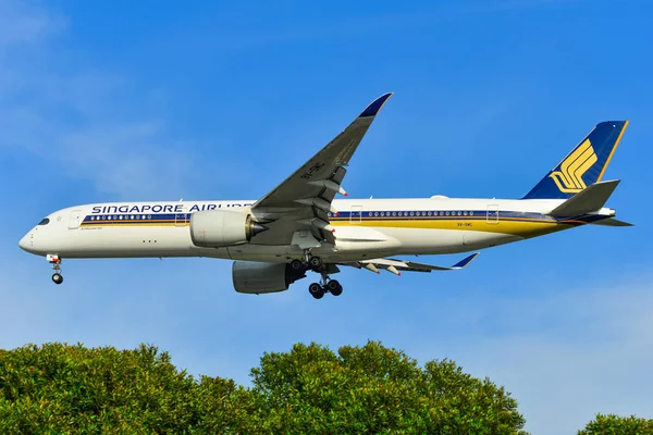 Airplane landing at Changi Airport (SIN) — Stock Photo, Image