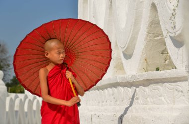 Beyaz tapınakta bir Budist acemi keşiş 