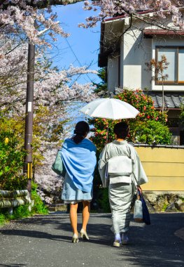 Kiraz çiçeklerinin altında yürüyen kadınlar