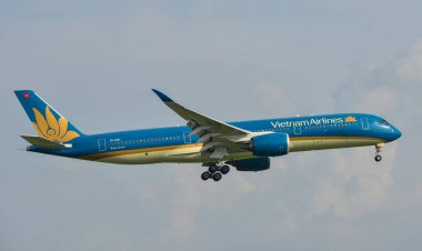 Havaalanına iniş bir yolcu uçağı 