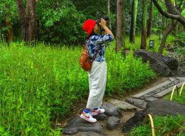 Asya genç kadın yürüyüş at orman 