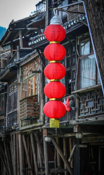 Hanging red lanterns at ancient town — Stock Photo, Image