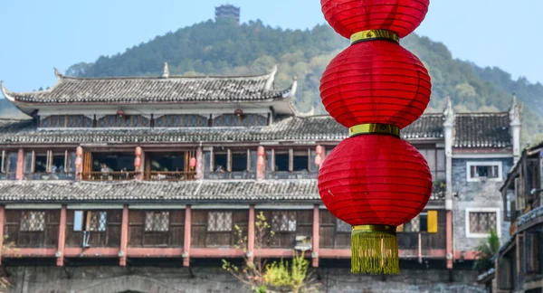 Hanging red lanterns at ancient town — Stock Photo, Image