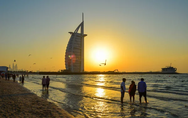 stock image Burj Al Arab Hotel with the beach at sunset