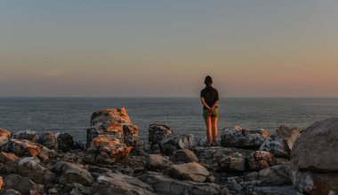 Kayanın üzerinde duran gezgin 