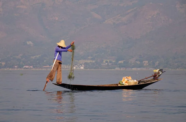 Captura de peixes no lago Inle, Mianmar — Fotografia de Stock