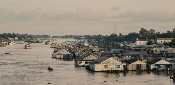 Floating houses on Mekong River in Chau Doc, Vietnam. Chau Doc is a city in the heart of the Mekong Delta, in Vietnam.