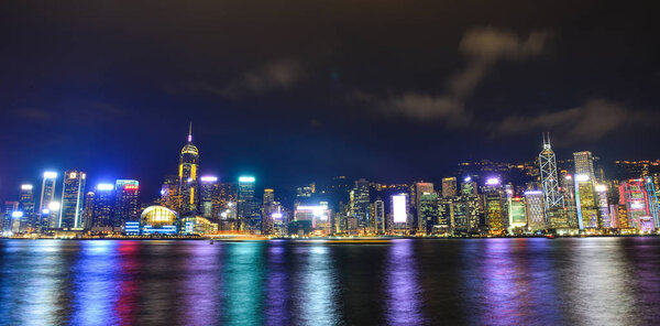 Hong Kong - Mar 31, 2017. Cityscape of Hong Kong at night. By the late 20th century, Hong Kong was the seventh largest port in the world.