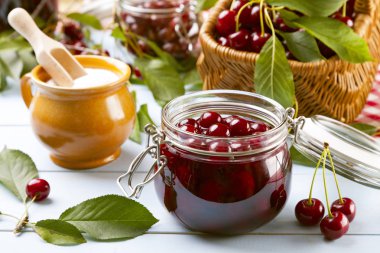 Homemade cherry jam in jars clipart