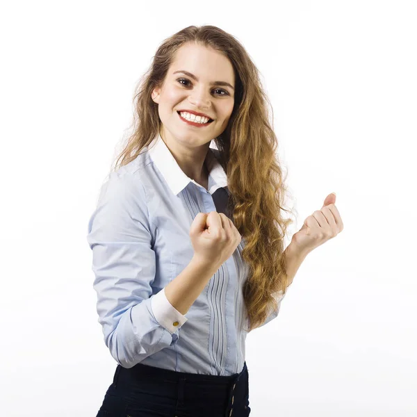 Portrait Young Woman Dressed Blue Shirt Posing White Background — Stock Photo, Image