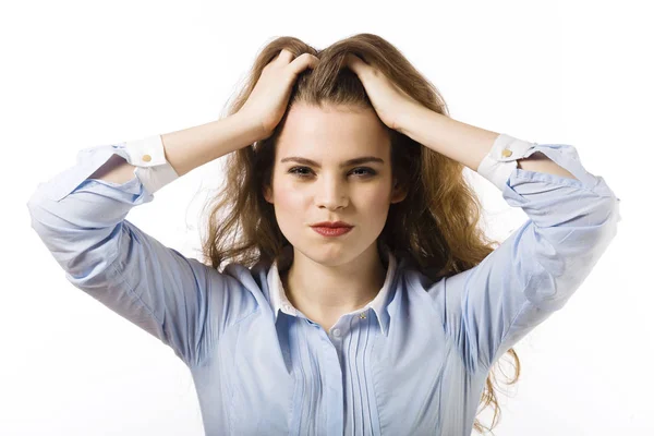 Retrato Mujer Joven Vestida Con Camisa Azul Posando Sobre Fondo —  Fotos de Stock