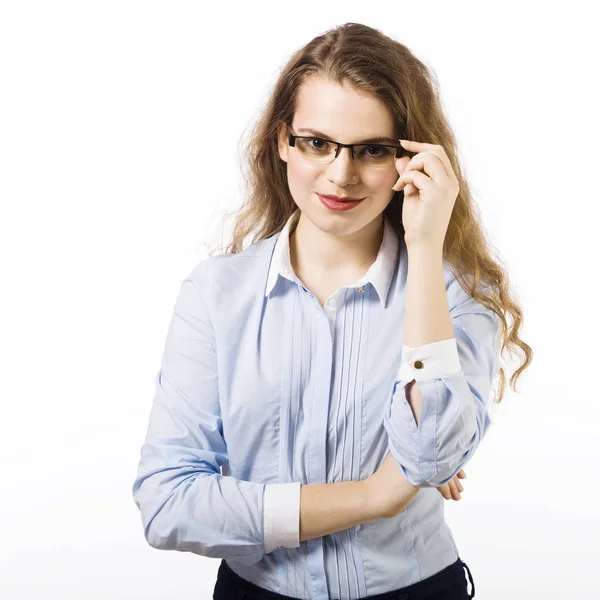 Retrato Mujer Joven Gafas Vestidas Con Camisa Azul Posando Sobre —  Fotos de Stock