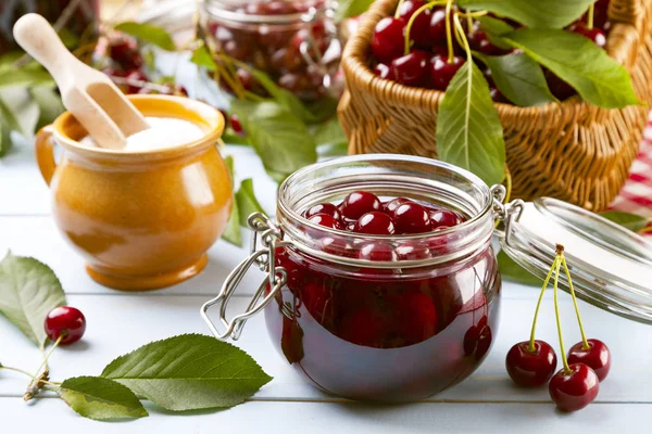 Homemade Cherry Jam Jars — Stock Photo, Image