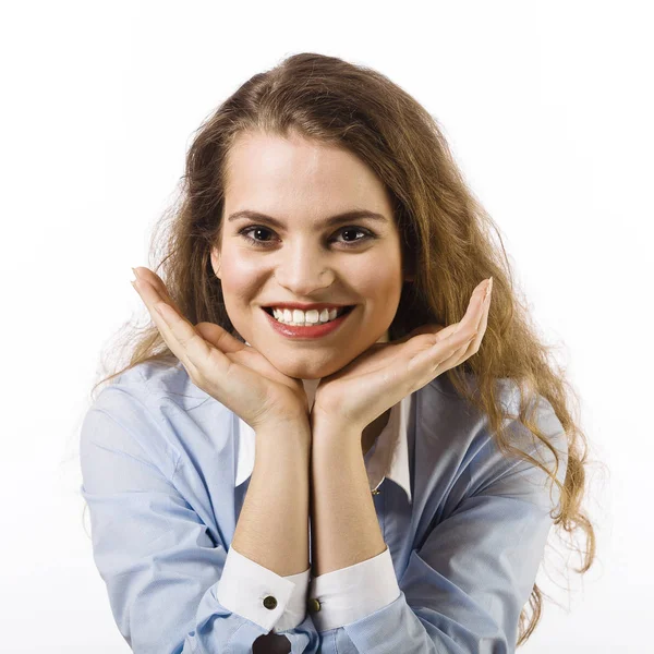 Retrato Mujer Joven Vestida Con Camisa Azul Posando Sobre Fondo —  Fotos de Stock