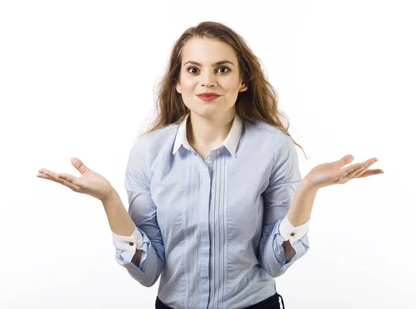 Retrato Mujer Joven Vestida Con Camisa Azul Posando Sobre Fondo —  Fotos de Stock